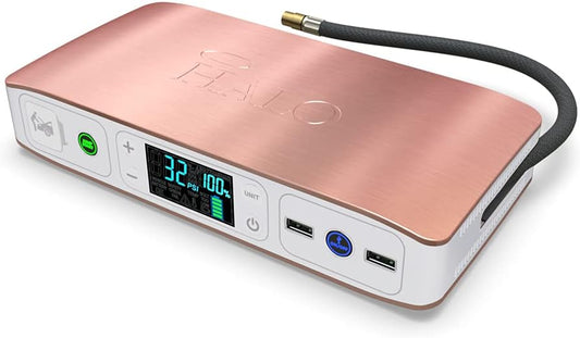 HALO Bolt Air 58830 Portable Car Battery Jump Starter | 100 PSI Air Compressor, 58.8Wh USB Power Bank, Emergency Floodlight & Charger, Jump Cars SUVs & Trucks, Inflate Tires, TSA Approved — Rose Gold