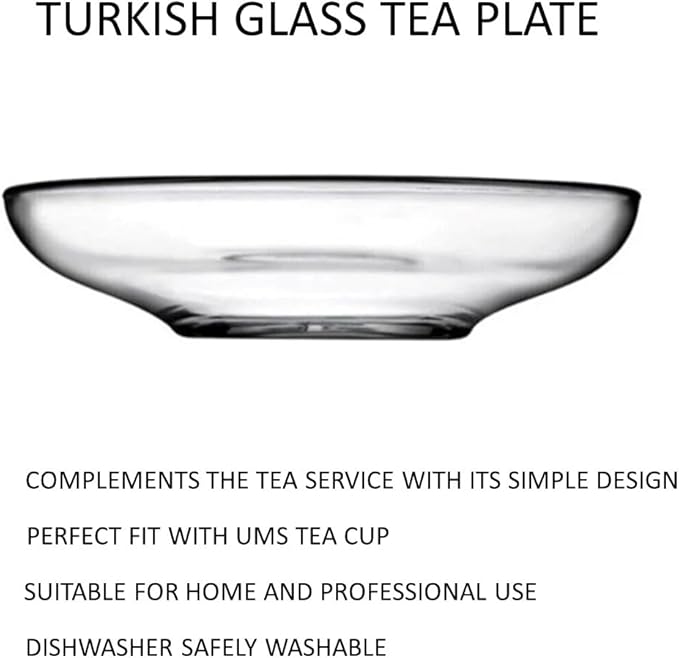 Ums Round Turkish Small Glass Plates Set, 4 Inch - 6 Pieces Round Glass Saucers Set for Coffee, Tea, Snack, Sauce and Appetizer
