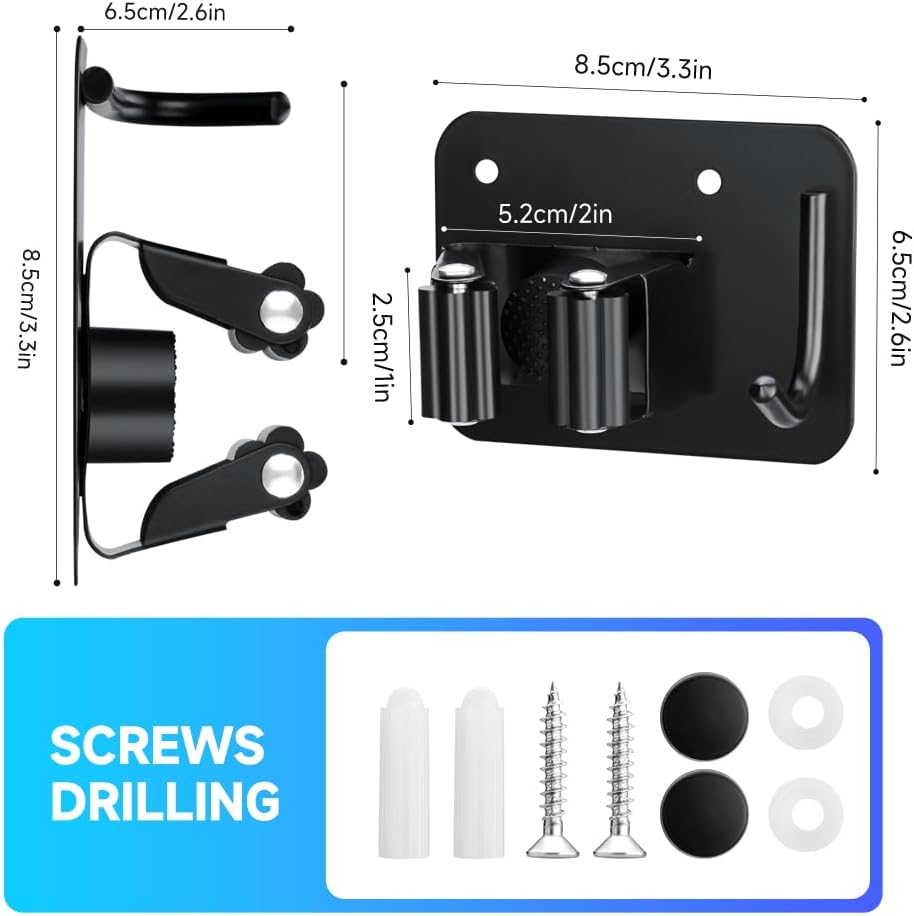 2-Pack Broom Holder with Heavy Duty Hooks, Upgraded Stainless Steel Mop Hanger. Wall Mount Utility Tool Rack for Kitchen Garden Laundry Garage. Matte Black.