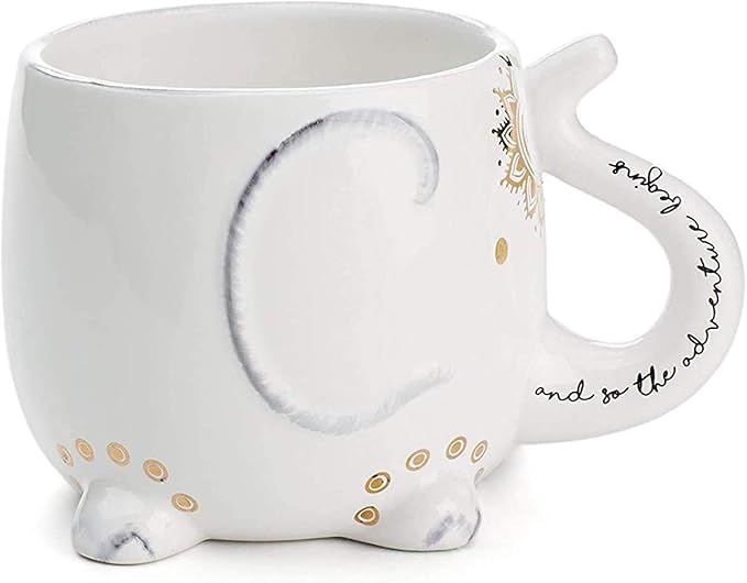 VOTUM White Ceramic Coffee or Tea Mugs: Elephant Coffee Mug with Hand Printed Designs and Printed Saying - 18.6 Fluid Ounce Large, Cute Handmade Cup