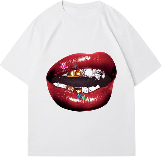 Verdusa Women's Lips Print Graphic Tees Y2k T Shirts Summer Crew Neck Vintage Going Out Tops