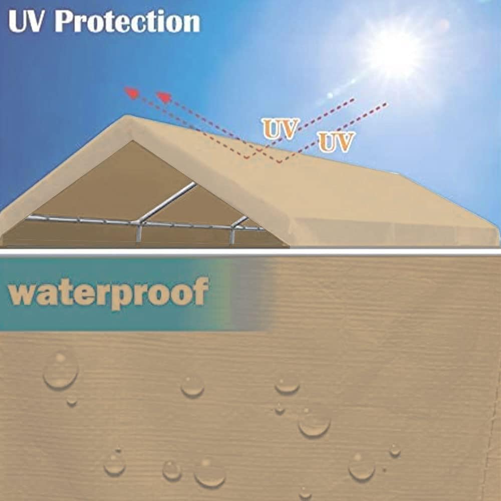 10'x20' Upgraded Carport Replacement Top Canopy Cover for Car Garage Shelter Tent Party Tent with Ball Bungees Beige (Only Top Cover, Frame is not Included)