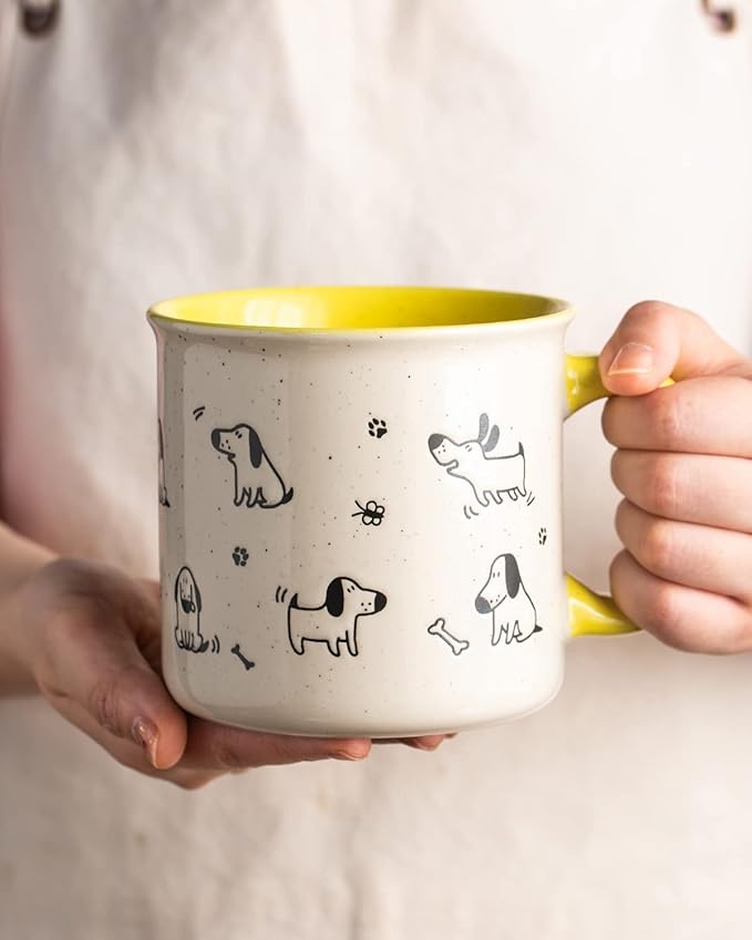 AmorArc 22 OZ Large Ceramic Coffee Mugs Set of 2, Oversized Mugs With Big Handle for Men Women Dad Mom, Big Mug With Textured Dogs Cats Patterns for Office & Home -Microwave Safe, 2 Pcs-Yellow