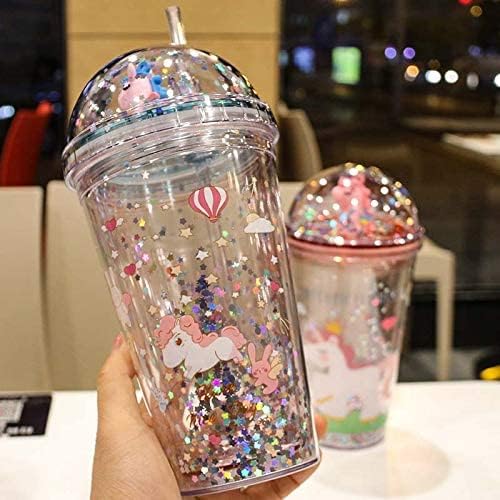 Unicorn Drinking Cup with Straw Kid Travel Tumbler Glitter Ice Coffee Mugs Plastic Cup for Party Gift (pink unicorn, 6.5 * 20cm))