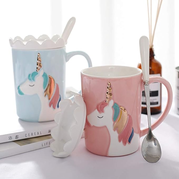 BigNoseDeer Unicorn Mug, Cute Ceramic Coffee Mug with Lid Spoon,Cute Mugs for Coffee Tea Milk,Cut stuff Unicorn Gifts for Girls Cute Gifts for Women (Pink 13oz)