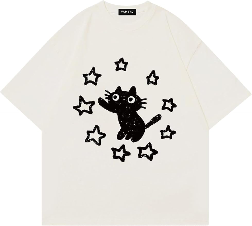 Vamtac Graphic Tees Unisex Loose Star Cat Print Tee Casual Summer Y2k Shirt Cute Short Sleeve Cotton Top
