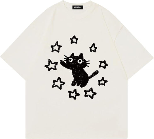 Vamtac Graphic Tees Unisex Loose Star Cat Print Tee Casual Summer Y2k Shirt Cute Short Sleeve Cotton Top