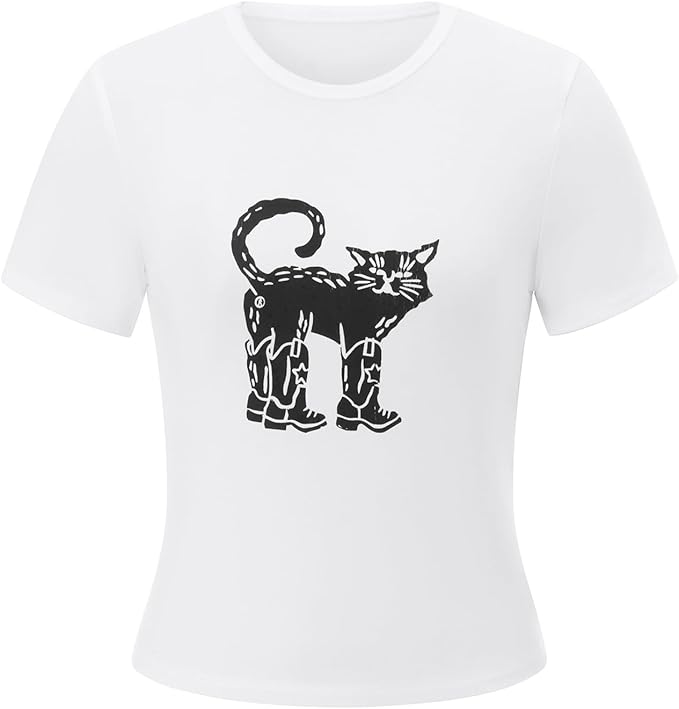 Y2k Graphic Baby Tees for Women Funny Kitten Shirt Tops Aesthetic Fairy Grunge Crop Top 90s 2000s Vintage Clothing