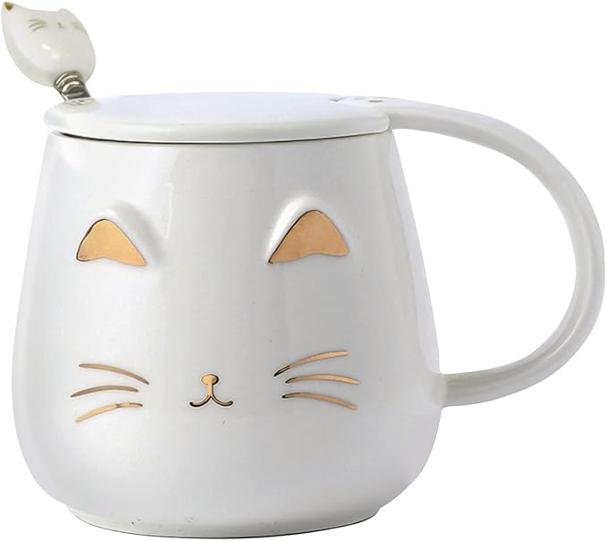 Yuwu Cat Mug Cute Coffee Mug gifts for cat lovers Ceramic Cup, Novelty Mug with Lid and Stainless Steel Spoon, Christmas Birthday Gifts Present for kids Women Girls (White)