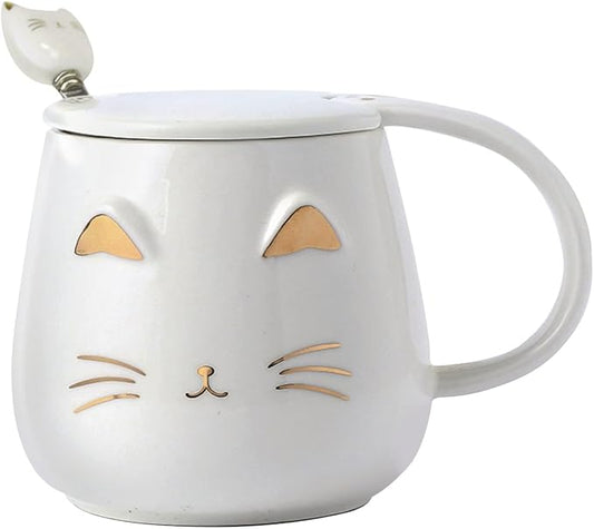 Yuwu Cat Mug Cute Coffee Mug gifts for cat lovers Ceramic Cup, Novelty Mug with Lid and Stainless Steel Spoon, Christmas Birthday Gifts Present for kids Women Girls (White)