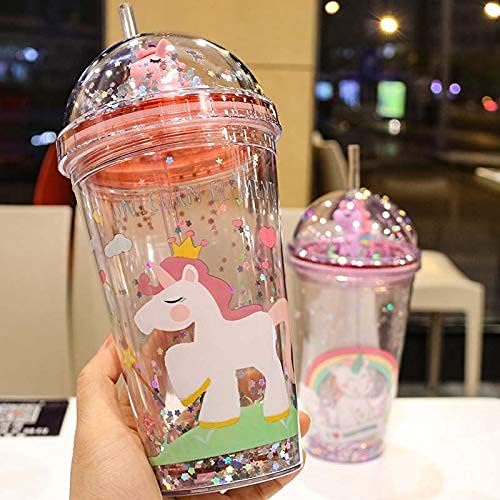 Unicorn Travel Tumbler Mug Pink Cup with Straw Kids Plastic Insulated Glitter Watter Bollter Toddler Ice Coffee Mugs Girl Drinkware (pink unicorn, 6.5 * 20cm)