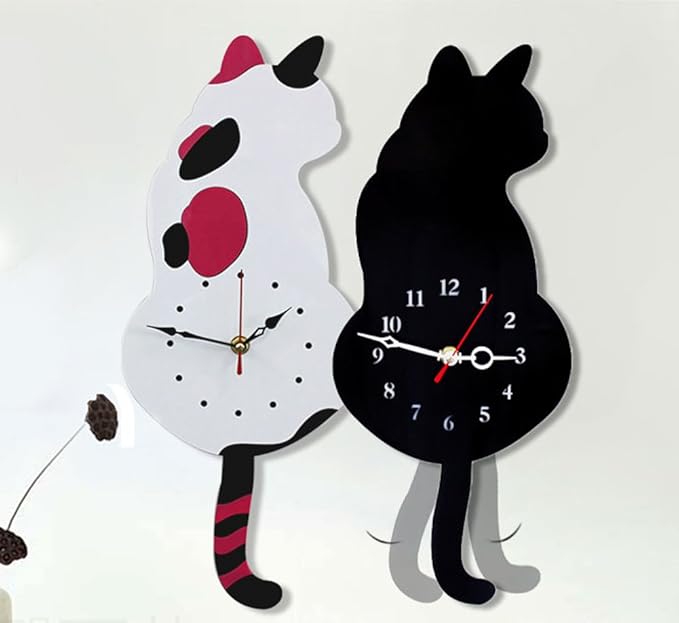 Wall Clock Creative DIY Cat Acrylic Wall Clock with Swing Tail Pendulum for Living Room Bedroom Kitchen Home Décor - Battery Not Included (42CM x 18CM) Black