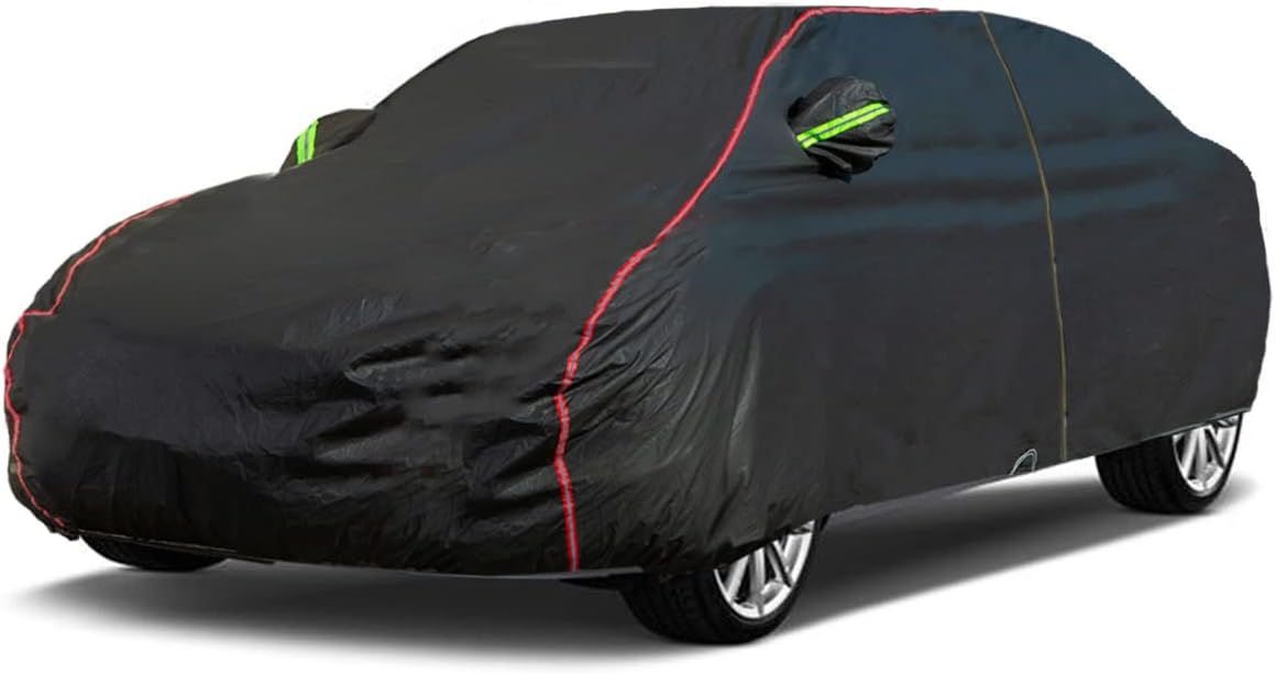 AUQDD 6-Layers PEVA New Material Sedan SUV Full Padded Car Cover Waterproof All Weather Weatherproof UV Sun Protection Snow Dust Storm Resistant Outdoor Exterior Custom Form-Fit Straps 165"-181"Black
