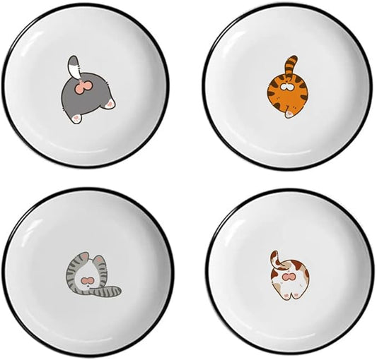 WAIT FLY 5 Inches Funny Cute Cat Butts Pattern Ceramics Seasoning Dishes/Tea Bag Holders/Ketchup Saucer/Appetizer Plates/Seasoning Dipping Bowls, Set of 4