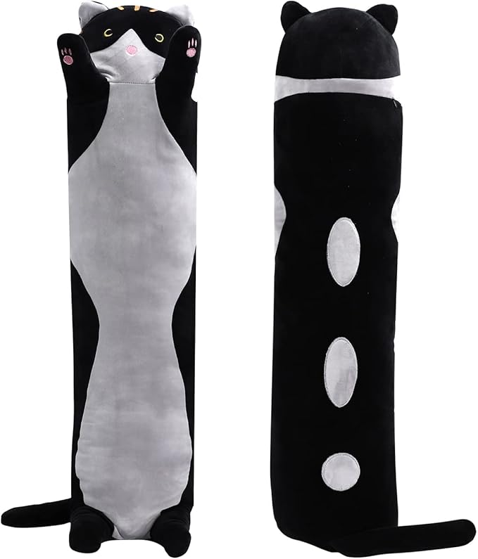 WUYU Lovely Plush Cat Doll Cute Cartoon Soft Stuffed Kitten Pillow Long Throw Sleeping Pillow Doll Toy Gift for Kids Girlfriend Multiple Size (Black, 150cm/59in)