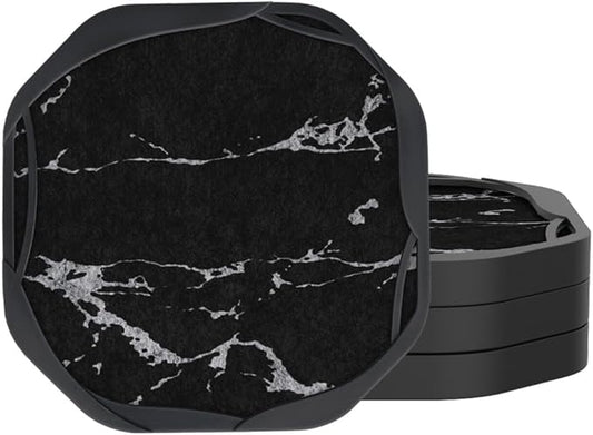 UMIRRO Absorbent Coasters for Drinks, Silicone Cup Coaster with Felt Insert for Coffee Table Decor, Small Birthday Gift Ideas for Men Dad Him Women Mom Her, 4", Marble Style, Black White, Set of 4