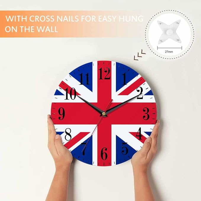 United Kingdom Flag Wall Clock UK British England National Flags 10 Inch Silent Non Ticking Battery Operated Clock Vintage Round Clock for Living Room Bedroom Bathroom Office Decor
