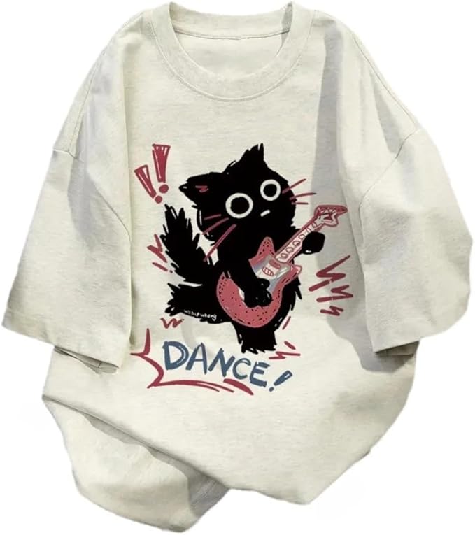 Women Vintage T-Shirt Y2K Cat Graphic Harajuku Tee Tops Summer Emo Grunge Oversized Streetwear Preppy Gothtic Clothes