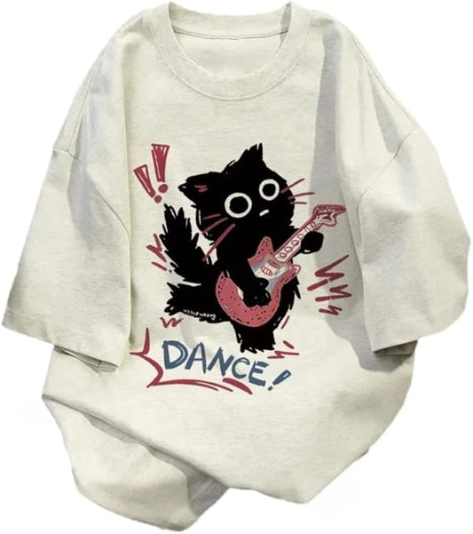 Women Vintage T-Shirt Y2K Cat Graphic Harajuku Tee Tops Summer Emo Grunge Oversized Streetwear Preppy Gothtic Clothes