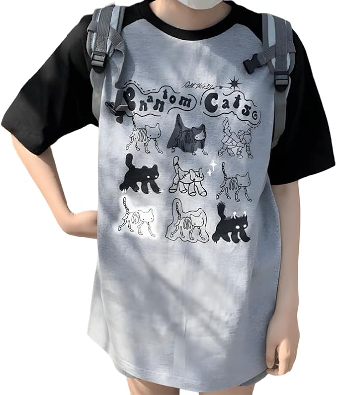 Y2K Harajuku Kawaii Gothic Clothes Casual Crewneck Raglan Sleeve Cartoon Graphic Phantom Cats Print T-Shirt