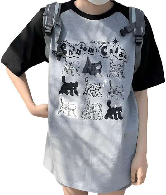 Y2K Harajuku Kawaii Gothic Clothes Casual Crewneck Raglan Sleeve Cartoon Graphic Phantom Cats Print T-Shirt