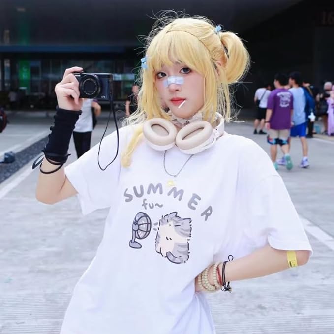 Women's Cute Cat Cartoon Print T-Shirt Kawaii Oversized Graphic Tees Y2K Men's Short Sleeve Tees Grunge Clothes