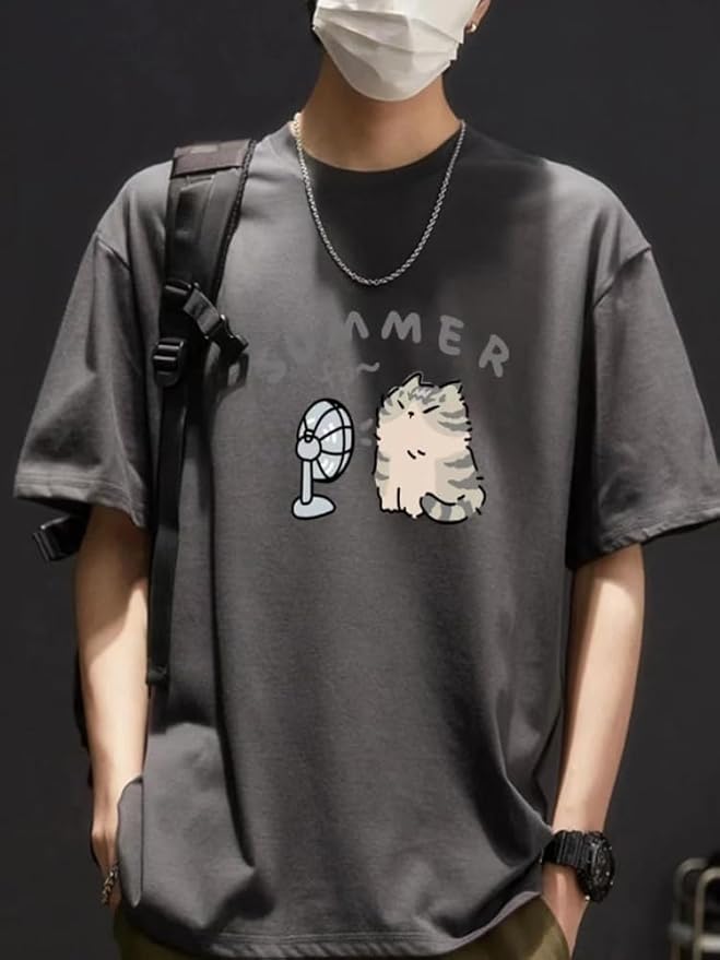 Women's Cute Cat Cartoon Print T-Shirt Kawaii Oversized Graphic Tees Y2K Men's Short Sleeve Tees Grunge Clothes