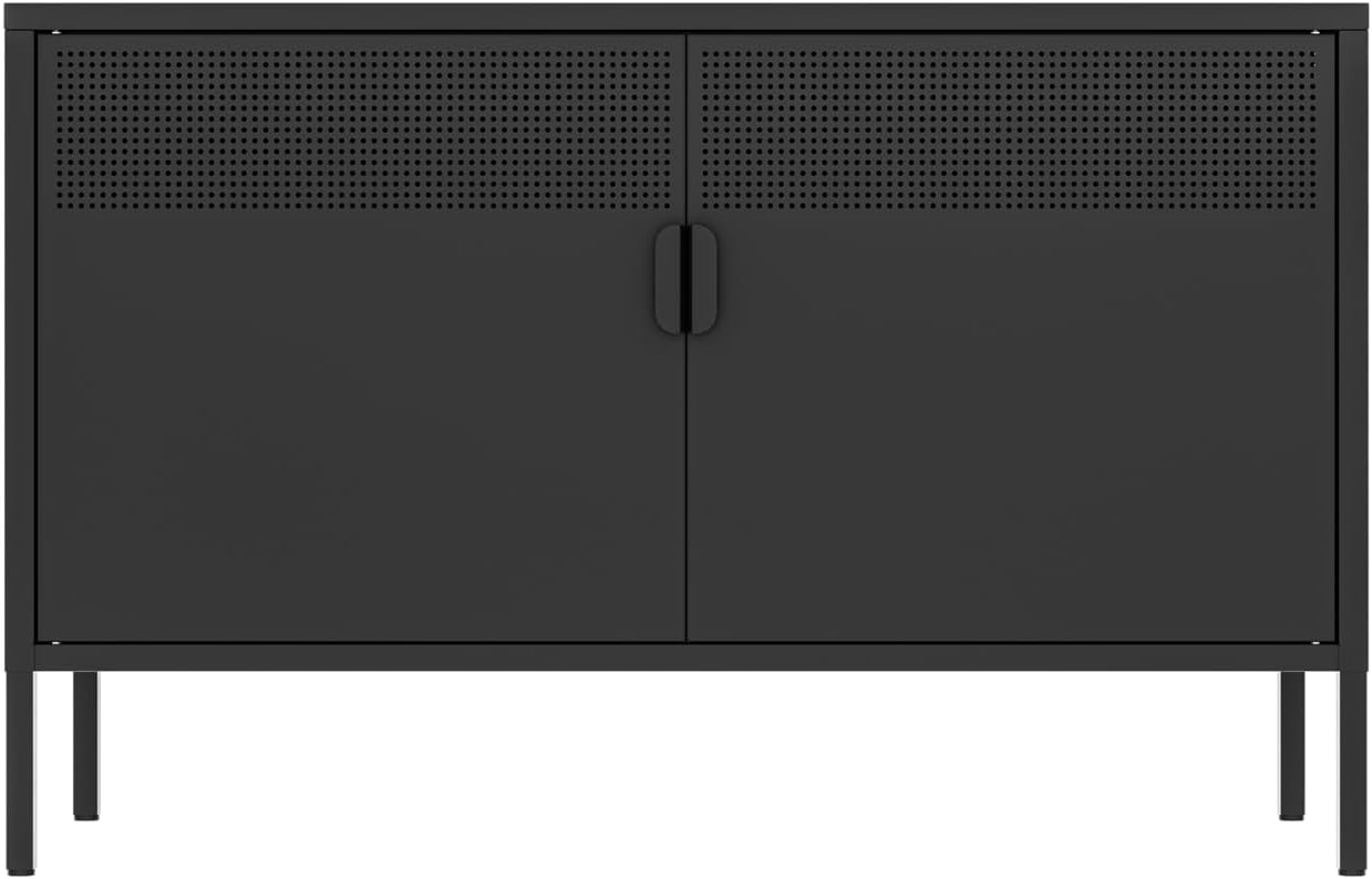 2 Door Storage Sideboard, Metal Storage Cabinet with 2 Adjustable Shelf,Multipurpose Metal Accent Cabinet for Office Home,Music Studio (Black, 25''H)