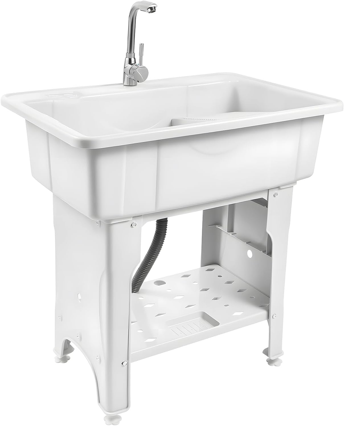 Freestanding Utility Sink Plastic Laundry Tub Sink with Storage Shelf Indoor Outdoor Slop Sink Wash Station for Bathroom Laundry Washing Room (White, 31.5 * 22.05 * 31.5in)