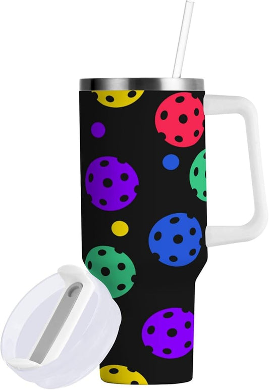 Boccsty Rainbow Pickleball Balls Insulated Tumblers Reusable Stainless Steel Tumbler 40 oz Cup Coffee Travel Mug Water Bottle with Handle & Flip Straw for Home Office Car