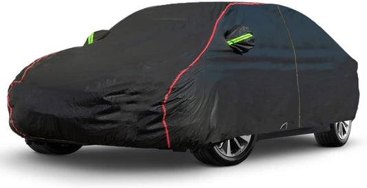 AUQDD 6-Layers PEVA New Material Sedan SUV Full Padded Car Cover Waterproof All Weather Weatherproof UV Sun Protection Snow Dust Storm Resistant Outdoor Exterior Custom Form-Fit Straps 188"-198"Black