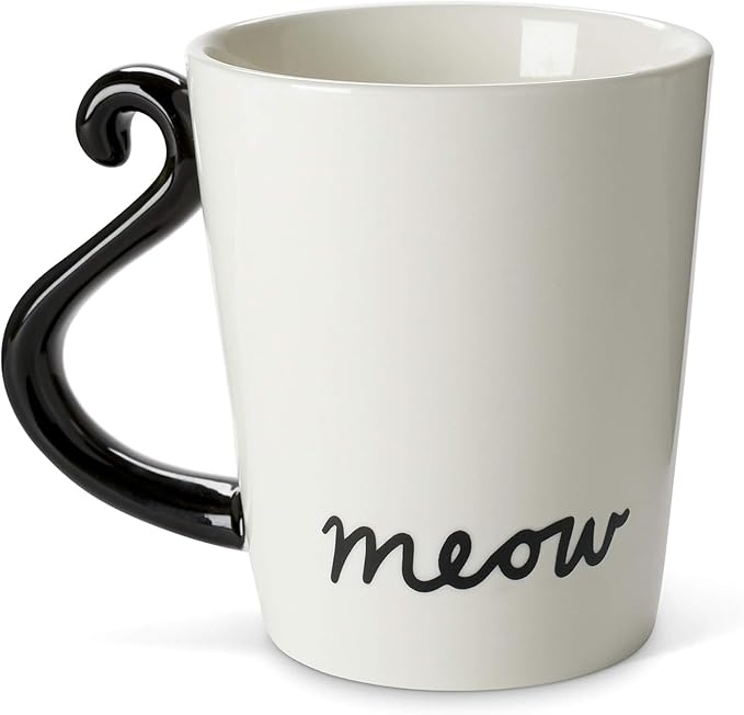 VOTUM White Ceramic Coffee Mug or Tea Mugs: Animal Shaped Mugs with Hand Printed Designs and Printed Saying - 12 Fluid Ounce Large, Cute Handmade Cup Gift - Black Cat