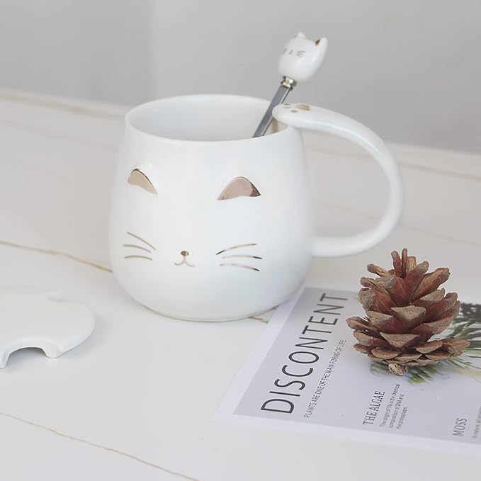 Yuwu Cat Mug Cute Coffee Mug gifts for cat lovers Ceramic Cup, Novelty Mug with Lid and Stainless Steel Spoon, Christmas Birthday Gifts Present for kids Women Girls (White)