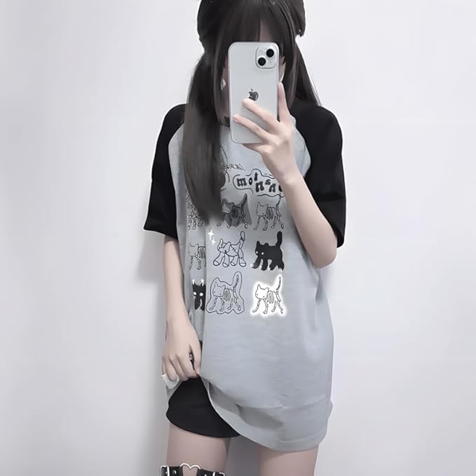 Y2K Harajuku Kawaii Gothic Clothes Casual Crewneck Raglan Sleeve Cartoon Graphic Phantom Cats Print T-Shirt