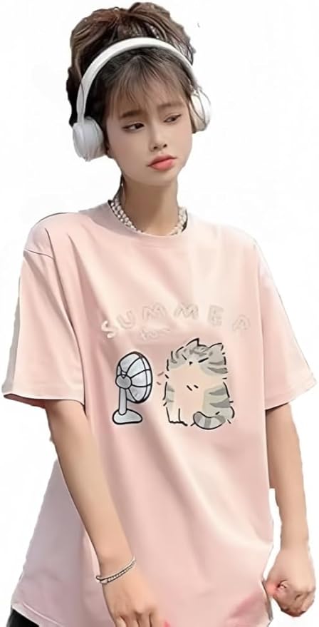 Women's Cute Cat Cartoon Print T-Shirt Kawaii Oversized Graphic Tees Y2K Men's Short Sleeve Tees Grunge Clothes