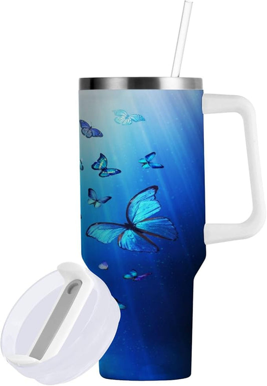 Boccsty Butterflies Blue Animal Insulated Tumblers Reusable Stainless Steel Tumbler 30 oz Cup Coffee Travel Mug Water Bottle with Handle & Flip Straw for Home Office Car