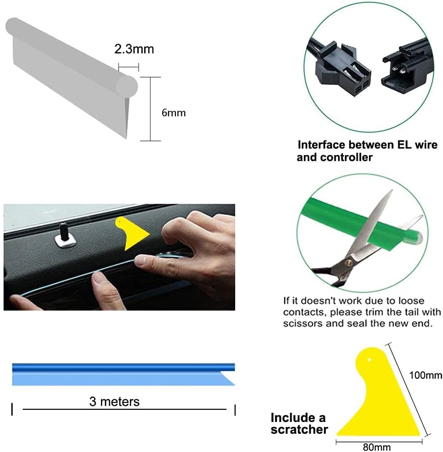 El Wire Blue Interior Car LED Strip Lights, 5M Neon Wire USB 5V with Fuse Protection for Automotive Interior Decoration, with 6mm Sewing Edge