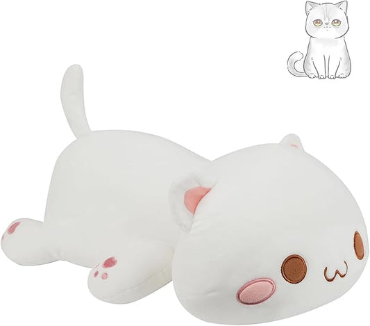 AFAN Cat Stuffed Animals Plush Cute Soft Cat Plush Pillow Toys Kawaii Plushies Room Decor Gifts for Kids Girls Boys (Round Eyes, White, 13.7 Inch)