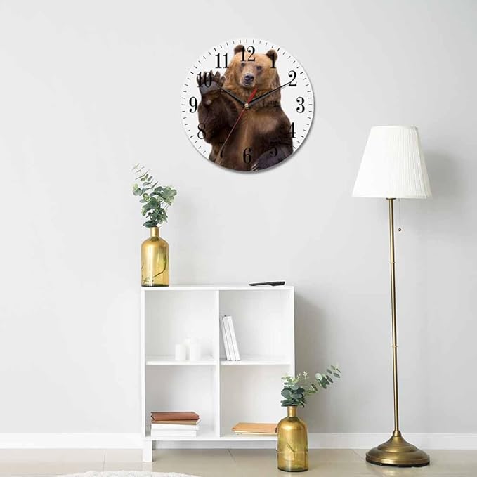 Bear Wall Clock The Brown Bear Welcomes and Waves a Paw 10 Inch Silent Non Ticking Battery Operated Clock Vintage Round Clock for Living Room Bedroom Bathroom Office Decor