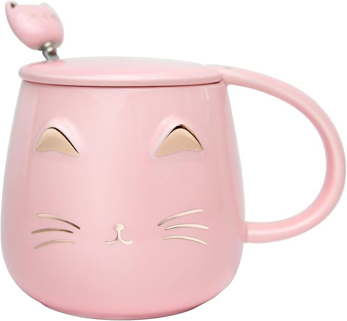 Yuwu Cat Mug Cute Coffee Mug gifts for cat lovers Ceramic Cup, Novelty Mug with Lid and Stainless Steel Spoon, Christmas Birthday Gifts Present for kids Women Girls (pink)