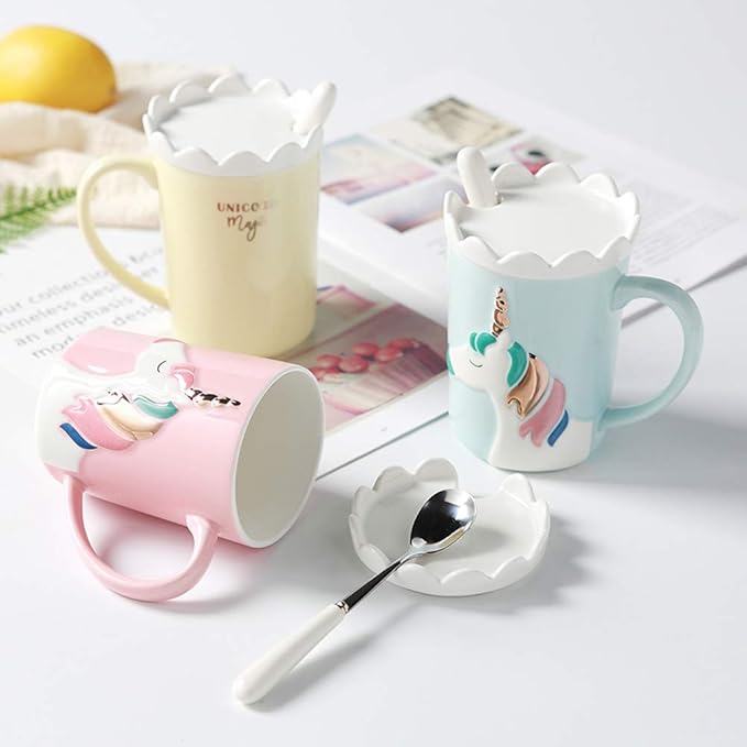 BigNoseDeer Unicorn Mug Cute Ceramic Coffee Mug with Lid Spoon,Cute Mugs for Coffee Tea Milk Unicorn Gifts for Girls Cute Gifts for Women (Blue 13oz)