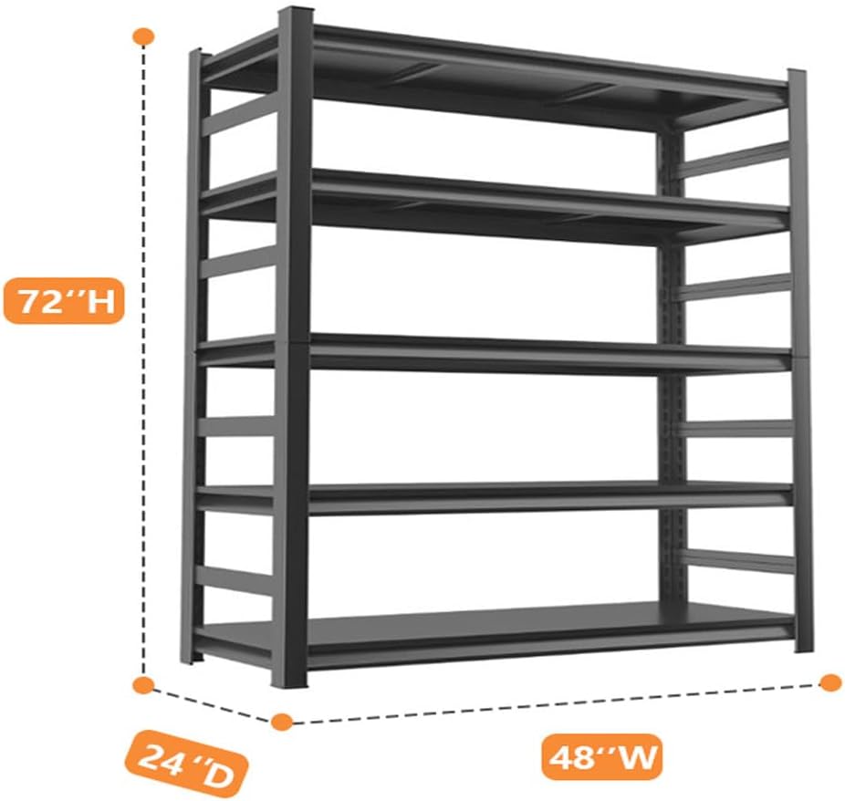 Garage Shelving, Storage Shelves Heavy Duty, 5-Tier Adjustable Black Shelving, 3000Lbs Utility Shelf for Garage/Basement/Kitchen, 72”H×48”W×24”D
