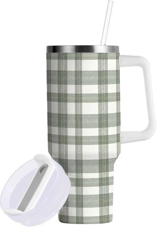 Boccsty Watercolor Sage Green Plaid Insulated Tumblers Reusable Stainless Steel Tumbler 30 oz Cup Coffee Travel Mug Water Bottle with Handle & Flip Straw for Home Office Car