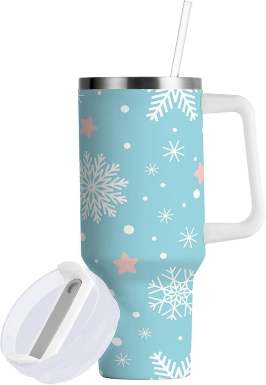 Boccsty Blue White Snowflakes Christmas Insulated Tumblers Reusable Stainless Steel Tumbler 30 oz Cup Coffee Travel Mug Water Bottle with Handle & Flip Straw for Home Office Car