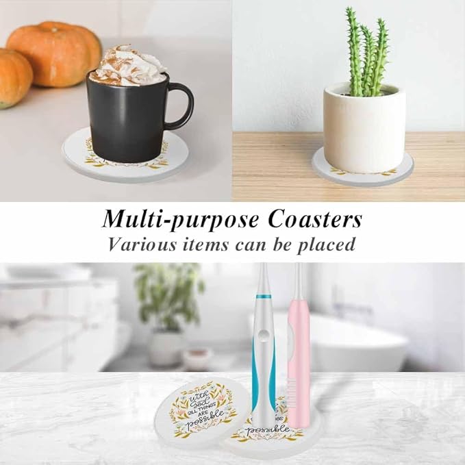 with God All Things are Possible Coasters for Drinks Absorbent Ceramic Drink Coaster for Coffee Wooden Table Home Decor Set of 2