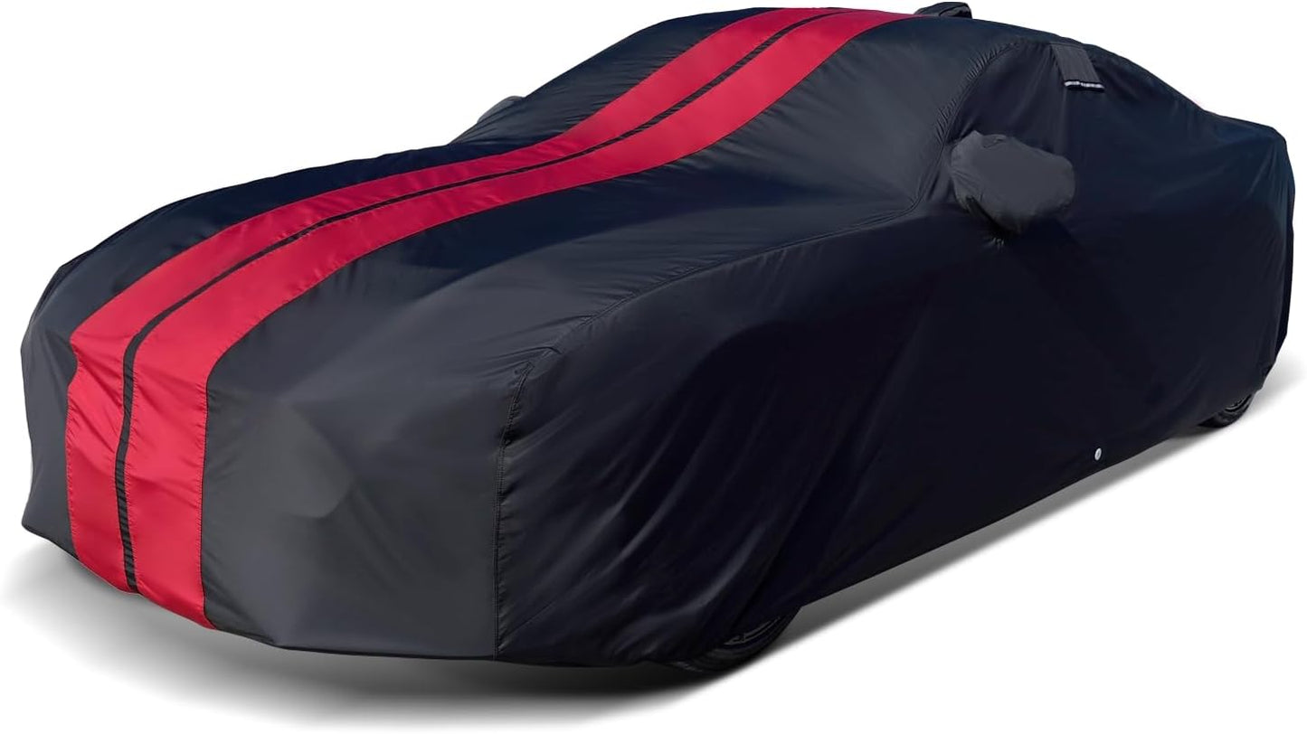 iCarCover Custom Car Cover for Pontiac Firebird (1982-2002) Waterproof All-Weather Rain Snow UV Sun Protector Full Exterior Indoor Outdoor Car Cover (Stripe - Black/Red)