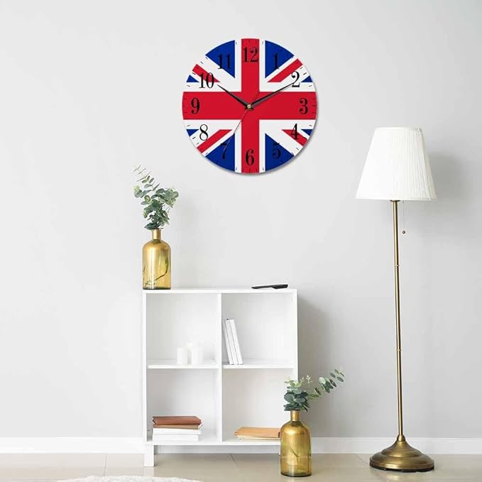 United Kingdom Flag Wall Clock UK British England National Flags 10 Inch Silent Non Ticking Battery Operated Clock Vintage Round Clock for Living Room Bedroom Bathroom Office Decor