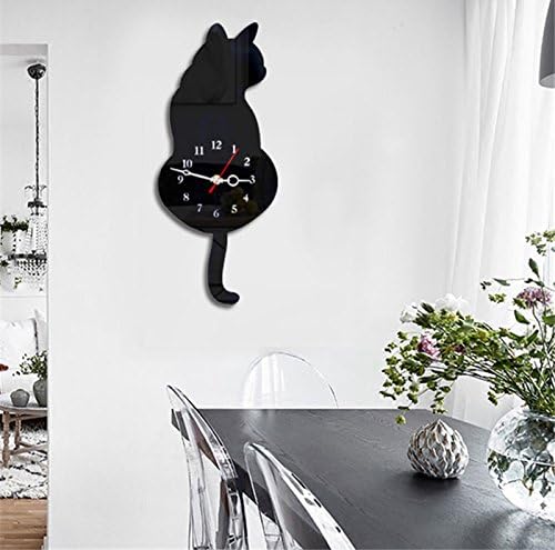 Wall Clock Creative DIY Cat Acrylic Wall Clock with Swing Tail Pendulum for Living Room Bedroom Kitchen Home Décor - Battery Not Included (42CM x 18CM) Black