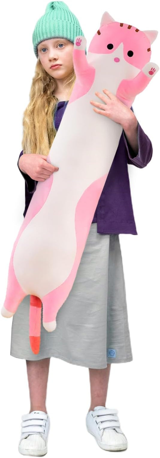 WUYU Lovely Plush Cat Doll Cute Cartoon Soft Stuffed Kitten Pillow Long Throw Sleeping Pillow Doll Toy Gift for Kids Girlfriend Multiple Size (Pink,90cm/35.4in)