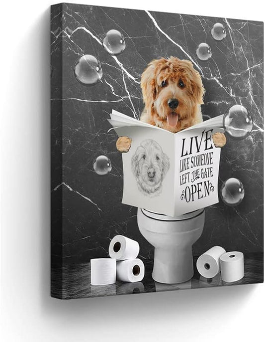 Bathroom Decor Canvas Wall Art Funny Dog Sitting in Toilet Pictures Black and White Animals Wall Decor Farmhouse Bathroom Painting for Bathroom Toilet Artwork Framed 12"x16"